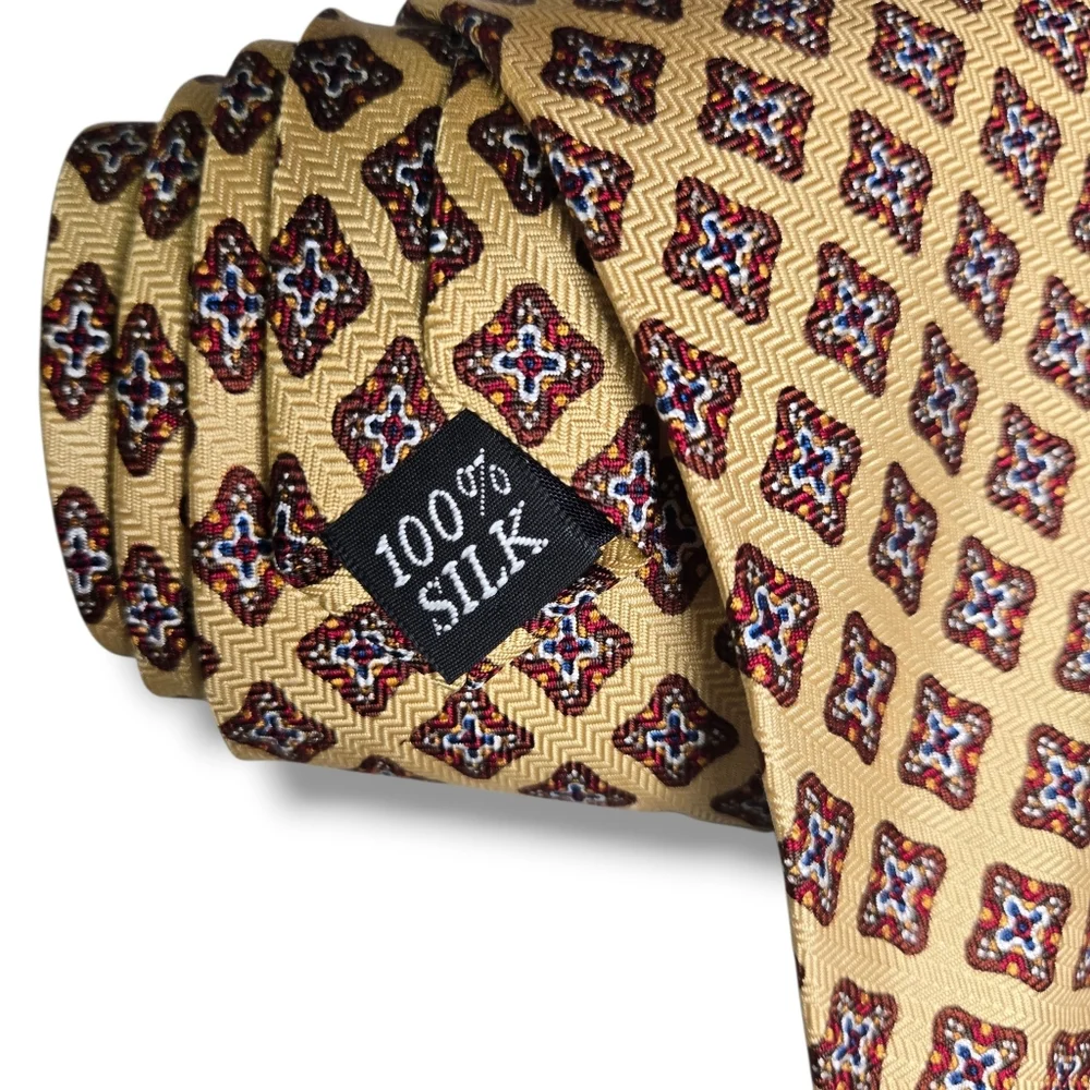 Oscar de la Renta Mens 100% Silk Tie Yellow Burgundy Navy Print Made In USA